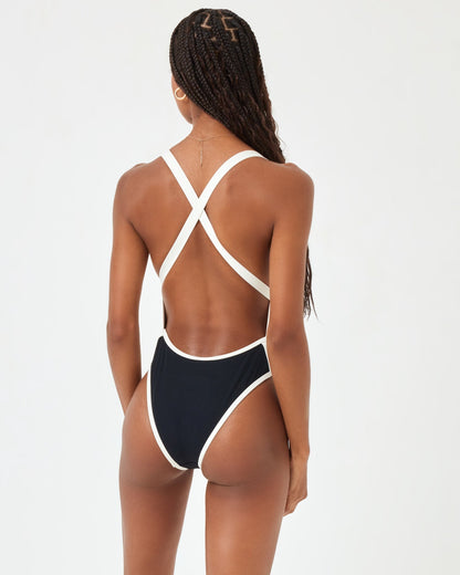 L*Space Women's Ribbed Baewatch One Piece Swimsuit - Black-Cream